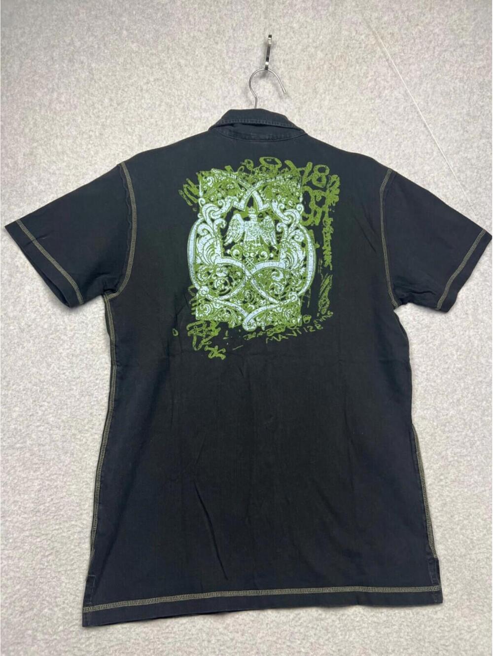 Mavi Men's Y2K Polo Shirt Large Black Gothic Eagle 90s Hip-Hop Graffiti Vintage